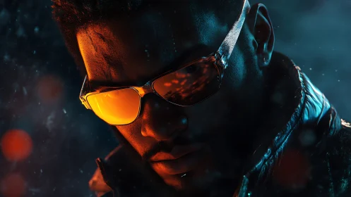 Man in orange reflective sunglasses in neon cyberpunk light.