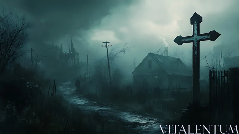 Foggy rural path passes house and cross during overcast weather
