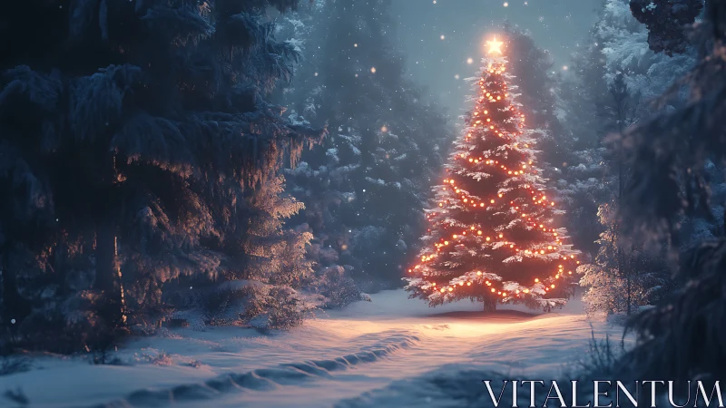 Snowy forest Christmas tree glows with warm fairy lights.