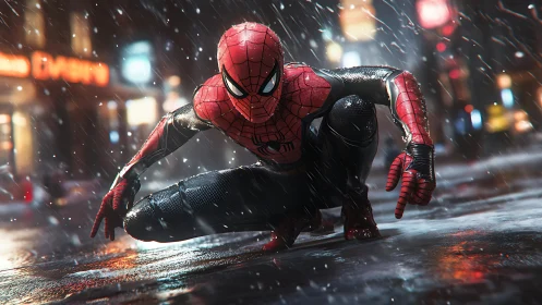 Spider-themed hero crouched on wet city street in rain.