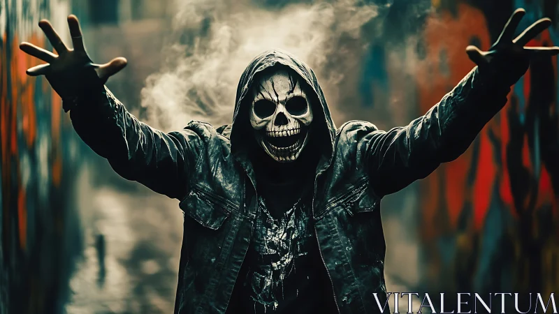 Hooded skull-masked figure advances in eerie neon alleyway.