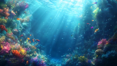 Vibrant coral reef scene with colorful tropical fish.