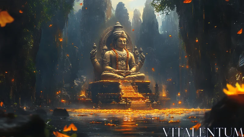 Sacred river sanctuary with luminous multi armed deity statue.