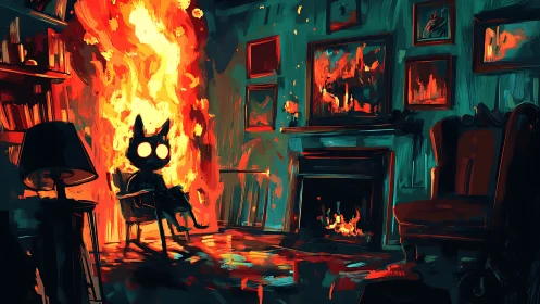 Black Cat Amid Inferno: A Study in Chaotic Domestic Destruction