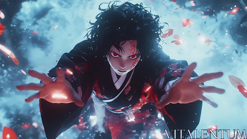 Red-eyed figure reaching forward amid blue mist and petals.