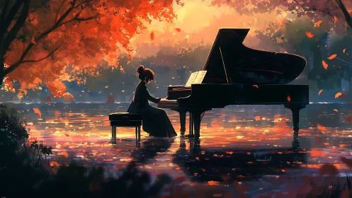 Girl playing grand piano on reflective autumn lake at dusk.
