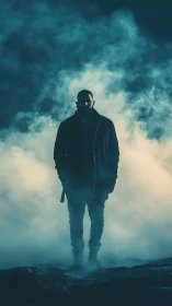 Silhouetted figure in dense fog on dark atmospheric ground.