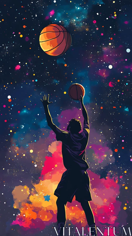 Celestial basketball leap within nebular chromatic fieldscape.