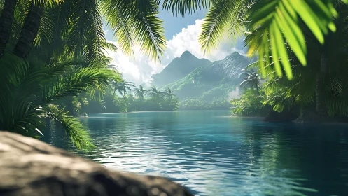 Tropical Lagoon Landscape with Framing Palm Fronds and Mountainous Backdrop