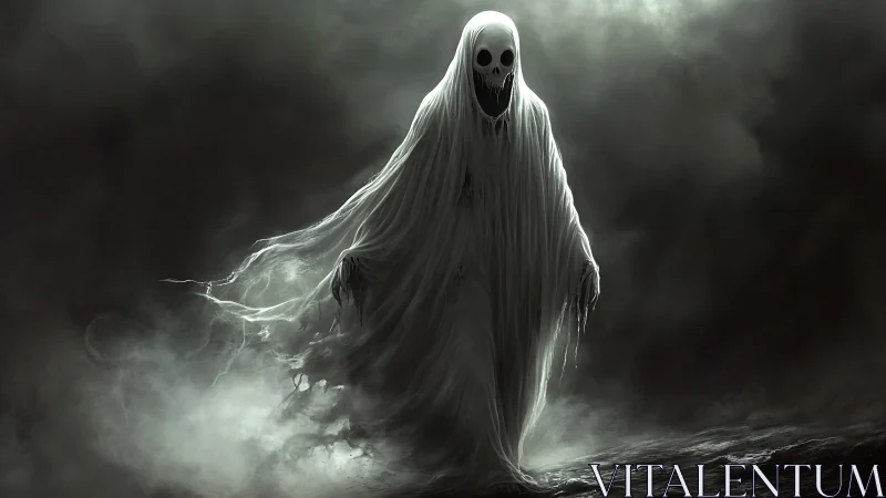 Spectral wraith emerges from swirling monochrome fog in motion