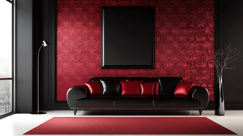 Velvet shadows cradle a crimson-soaked modern lounge scene