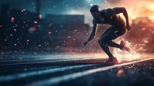 Sprinter exploding from blocks in cinematic dusk rainstorm.
