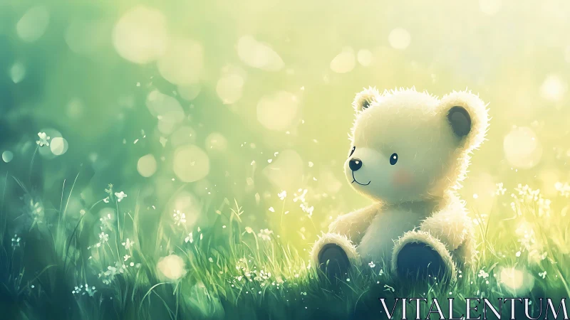 Plush teddy bear sitting in sunlit grassy meadow setting.