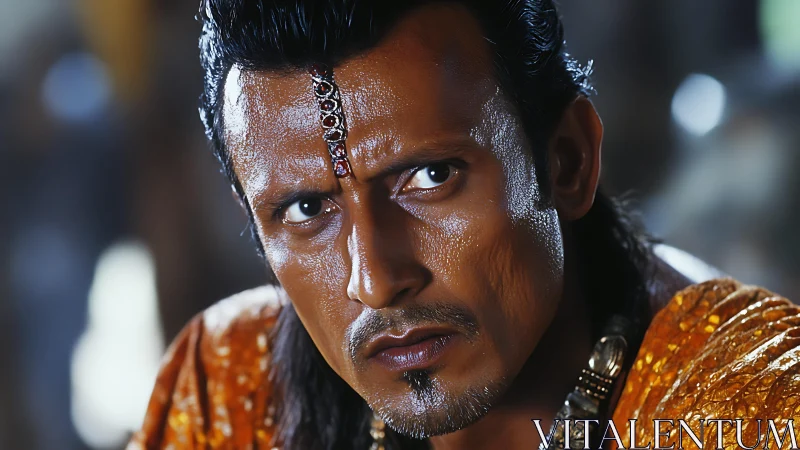 Intense close-up portrait with jeweled forehead ornament and gold attire.