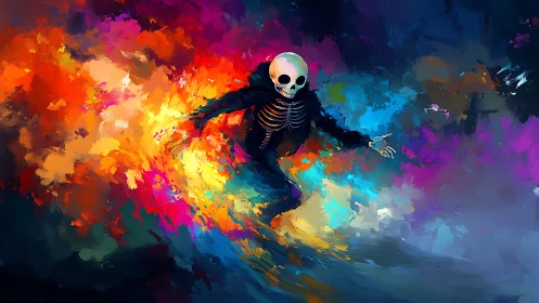 Skeleton figure in swirling neon fire and shadow storm.