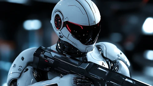 Chrome sentinel with red visor guarding a neon hush future.