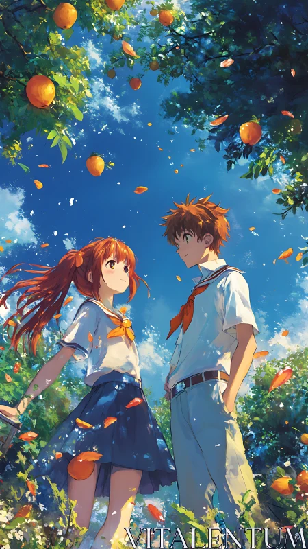 Anime students under dynamic orange grove with dramatic sky lighting