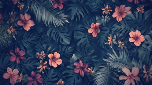 Floral Composition with Coral Blooms Against Deep Navy Foliage