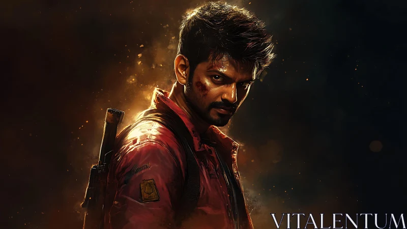 Battle-worn fighter in red jacket under dramatic rim lighting