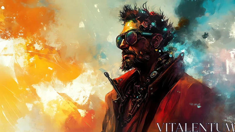 Wanderer in glowing neon dusk, wrapped in bold colors.