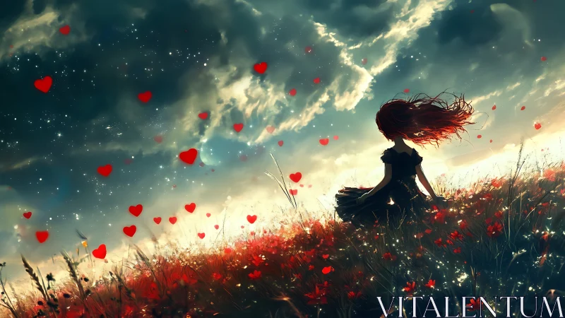 Woman in Field of Red Hearts Against Golden Sky.