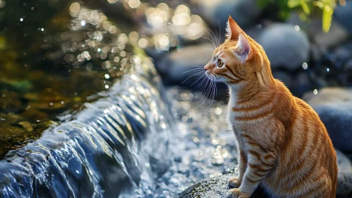 Ginger Cat Watches Water Stream with Focused Curiosity