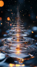 Spiral glass ripple tower glowing with drifting ember lights.