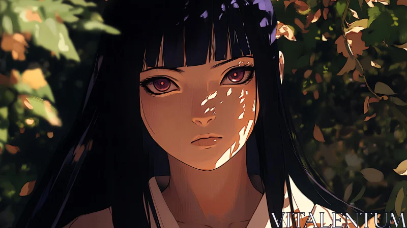 Anime portrait under dappled foliage light, high contrast rendering.