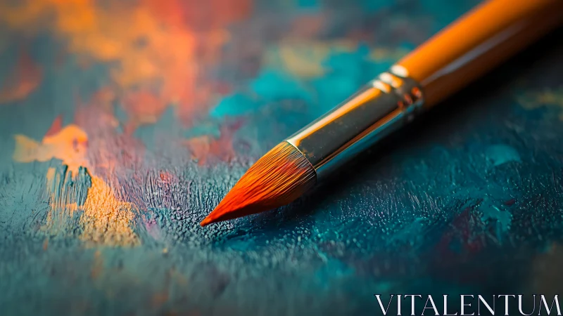 Vibrant paintbrush rests on textured teal and orange canvas