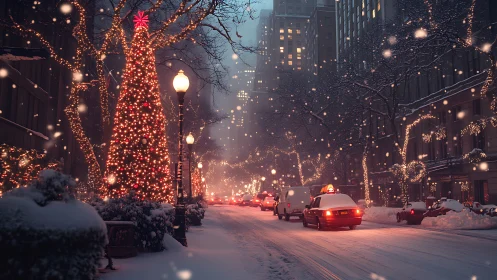 Snowy city street glows with warm Christmas lights and calm traffic