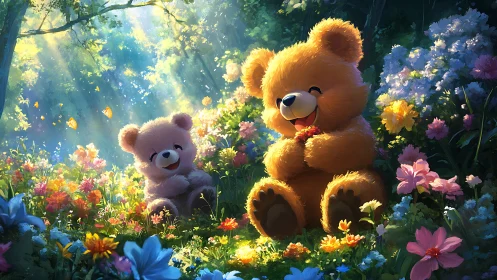 Two cartoon teddy bears in sunlit flower meadow scene.