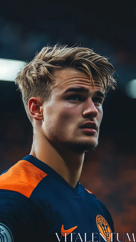 Male soccer player in navy and orange kit during match.
