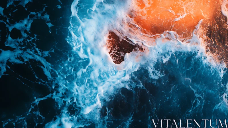 Turbulent surf engulfs rocky outcrop under warm sunset glow