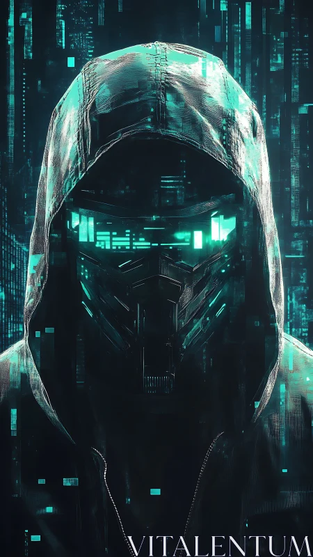 Electric hooded hacker silhouette glows in neon cyber code