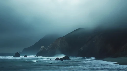 Moody fogbound coastline with dark cliffs and cold surf.