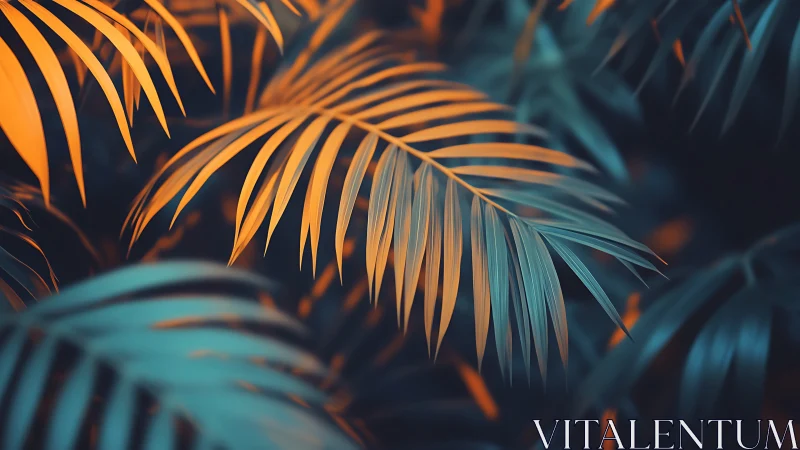 Neon jungle fronds trade whispers in teal and ember light