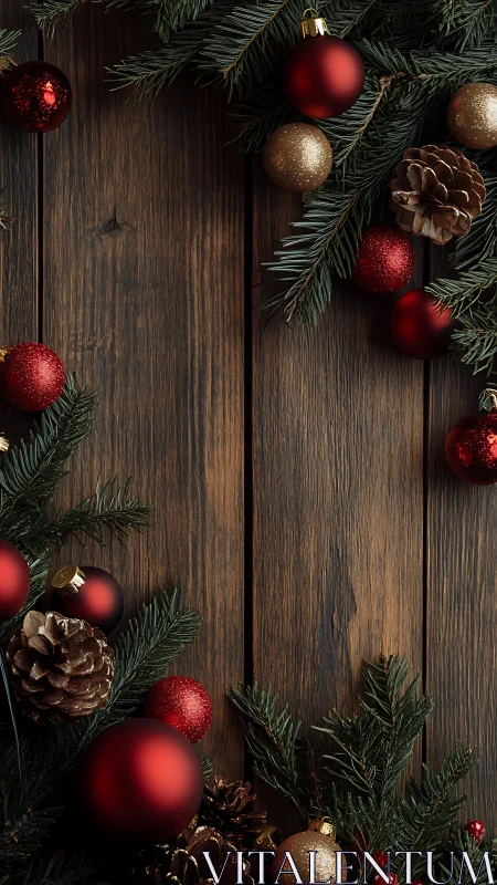 Festive red baubles and pine garlands on rustic wood backdrop.