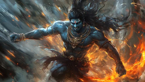 Mythic blue warrior accelerates through fire with dynamic motion blur