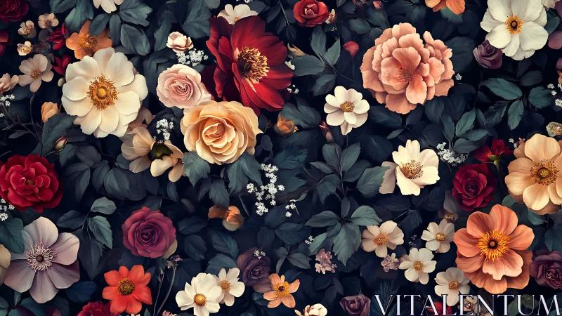 Moody Floral Tapestry with Roses and Seasonal Blooms.