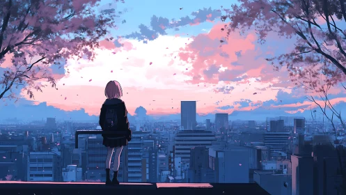 Solitary student observes pastel dusk above sprawling cityscape