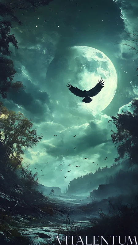 Raven soars under luminous full moon above mist valley.