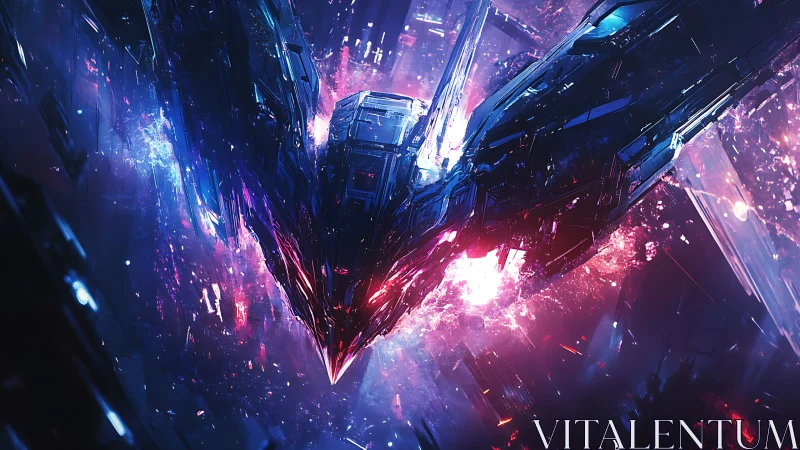 Angular starship prow penetrates nebular energy field with lens flares