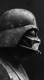 Weathered dark helmet gazing into the void of memory.