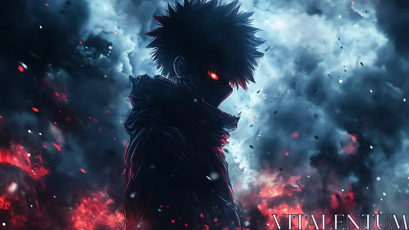 Silhouetted masked figure amid red fire and blue smoke.