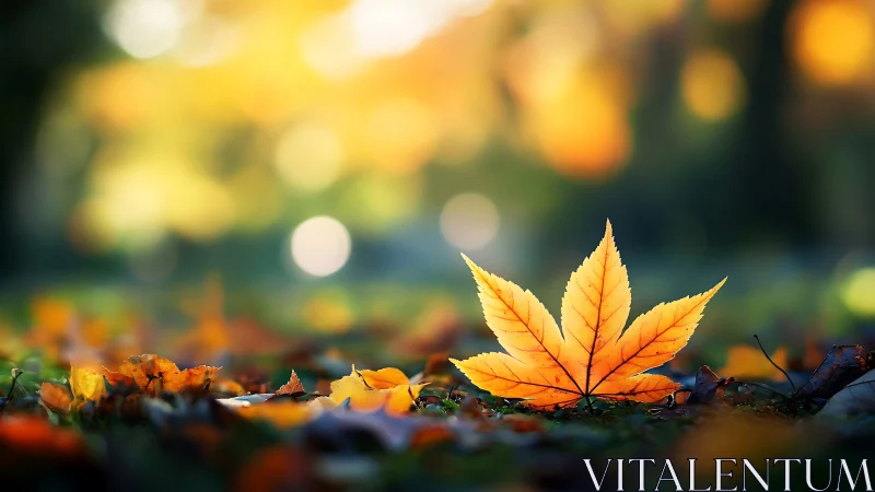 Golden maple star glows on a dream-soft autumn forest floor.