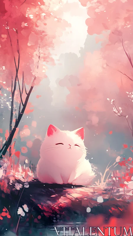 Soft-lit white cat in stylized bokeh forest with warm chroma haze