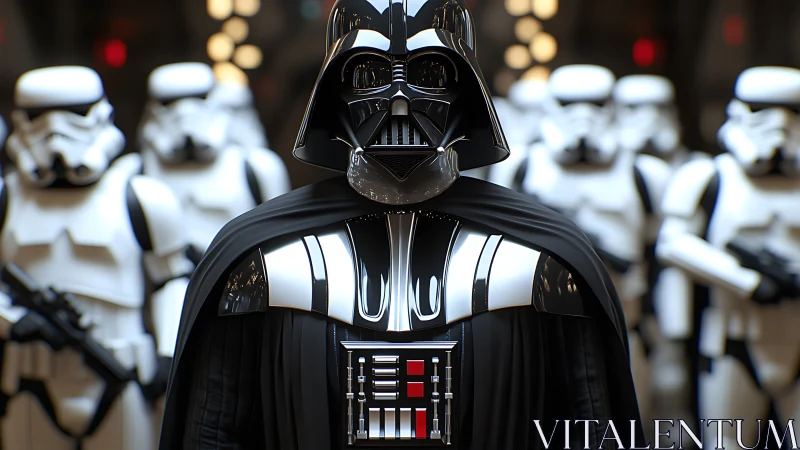 Armored dark figure leads stormtroopers in cinematic formation