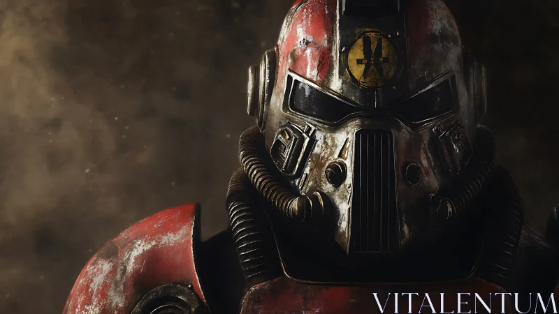 Battle-worn red power armor helmet in cinematic close-up.