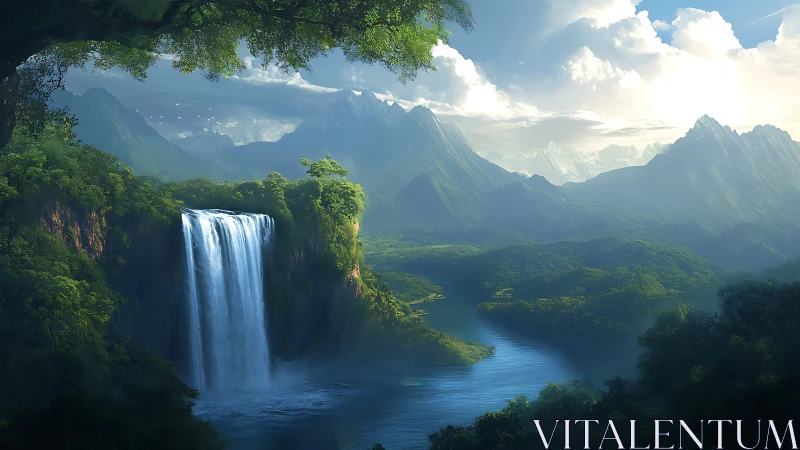 Digital painting of lush waterfall valley with distant peaks.