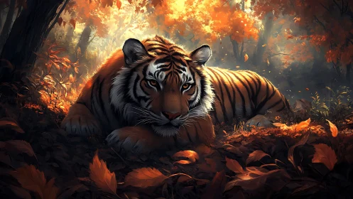 Autumn forest tiger resting under glowing amber canopy.